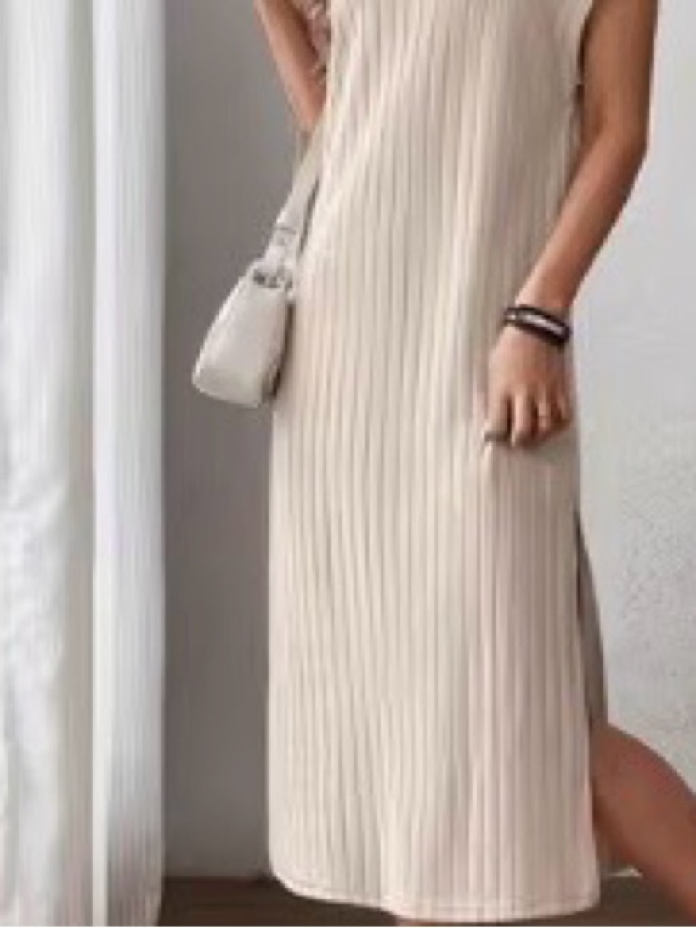 Sleeveless Beige Ribbed Midi Dress with Side Slit